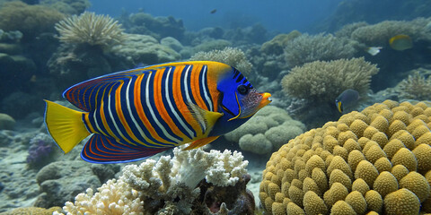 Fototapeta premium A stunning Regal Angelfish swimming gracefully among a lush coral reef displaying its striking pattern of alternating electric blue and bold orange vertical stripes, with a deep blue dorsal fin.