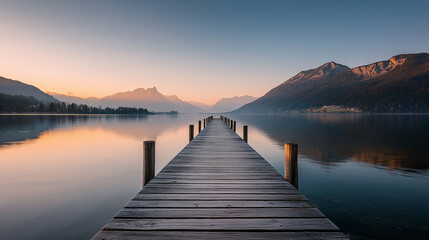 Obraz premium Wooden pier stretching into a tranquil mountain lake at sunrise with clear reflections and soft pastel sky in a serene natural landscape 