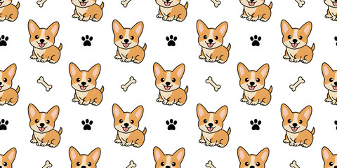 A repeating pattern of cartoon corgis, dog bones, and paw prints on a white background abstract background |  seamless patterns