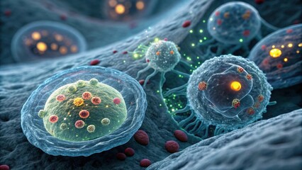 Microscopic view of cells with intricate structures and glowing elements. forever chemicals concept