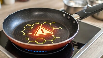 Cooking pan with warning symbol and chemical graphics on a stove. forever chemicals concept