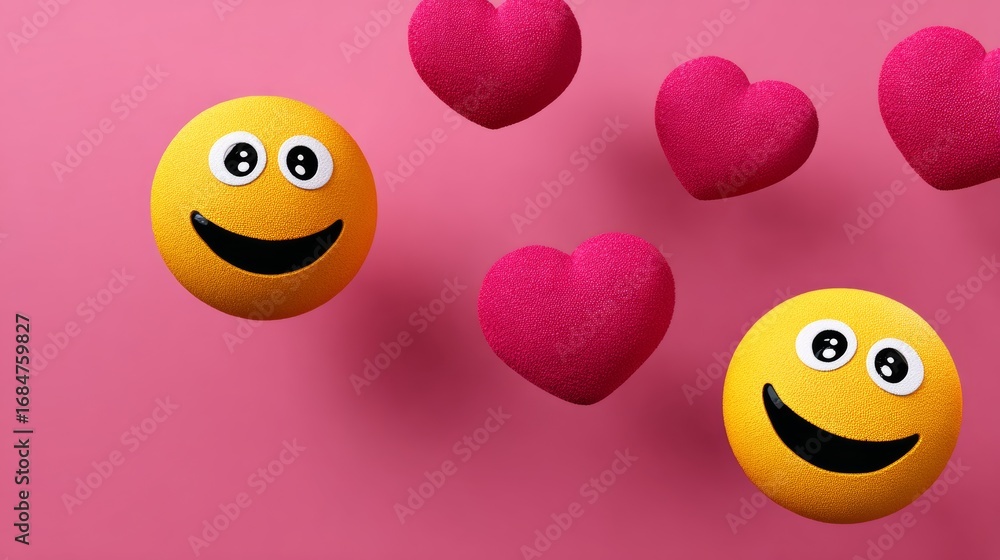 Poster colorful smiling emoji faces with cheerful expressions surrounded by vibrant pink hearts floating ag