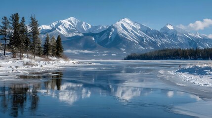 Winter frozen lake with snow covered mountains in distance