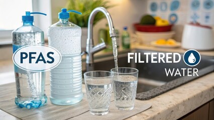 Filtered water bottles and glasses on a kitchen counter. forever chemicals concept