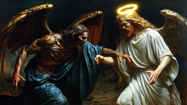 Sacred cosmic duel: god strength, devil challenge, holy fight, eternal strife, celestial trial, moral clash, divine battle, spiritual contest, heavenly will, righteous struggle, faith proof,