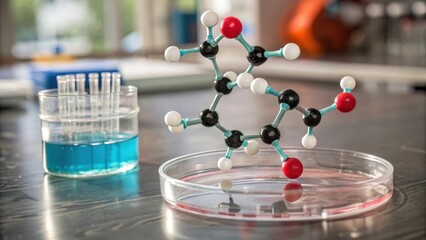 Molecular model and laboratory equipment on a science table. forever chemicals concept