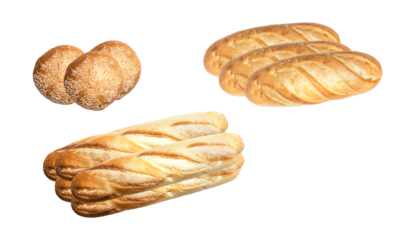 assorted breads and rolls on a transparent background