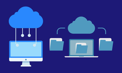 Cloud Data Storage and Transfer with Laptop – Cloud Computing Vector