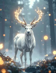 Majestic white stag with glowing antlers standing in a mystical forest, surrounded by ethereal light