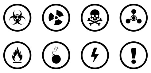 Biohazard, radiation, skull and crossbones, exclamation mark, flammable, chemical hazard, high voltage, explosive icon set. Biohazard radiation and poison skull badges. Set hazard danger vector
