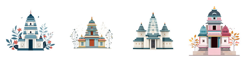 Illustrated Temple Collection - Colorful Asian Architecture on White Background