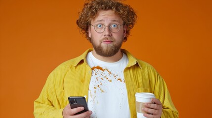 Young man with curly hair wearing yellow shirt, holding smartphone and coffee cup, displaying surprised expression against vibrant orange background, capturing unexpected moment of daily life