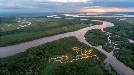 Lush landscape with winding rivers and geometric structures at sunset. forever chemicals concept