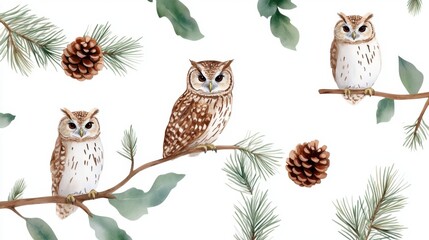 Woodland watercolor pattern with pinecones, green branches, and perched owls