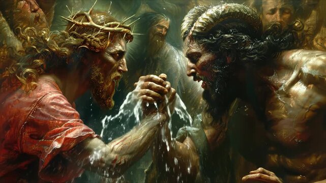 Cosmic sacred trial: god command, devil opposition, holy fight, celestial tension, spiritual strife, moral ordeal, eternal clash, righteous will, heavenly struggle, divine combat, faith challenge,
