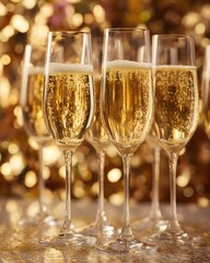 Festive champagne glasses with golden sparkles in background