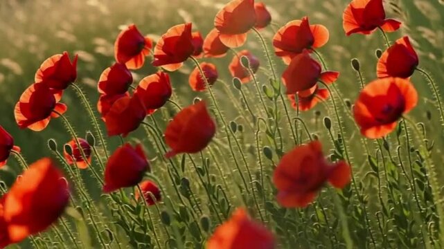 Blooming red poppies with natural light and soft focus. Ideal for Memorial Day social media, tribute videos, and floral remembrance symbolism