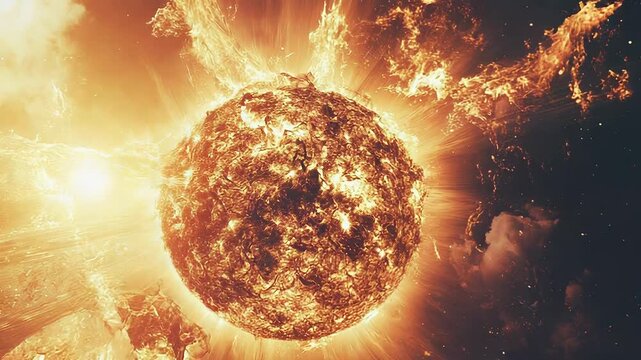 Exploding planet emitting fire and energy in space