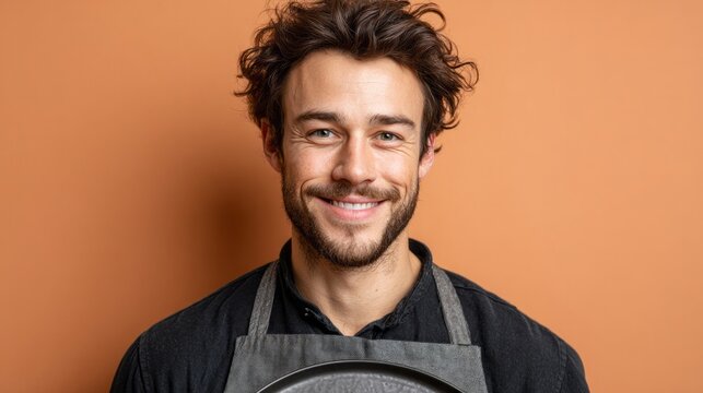 A smiling man in a dark shirt and gray apron, holding a dark plate, against an orange background, radiates warmth and professionalism.