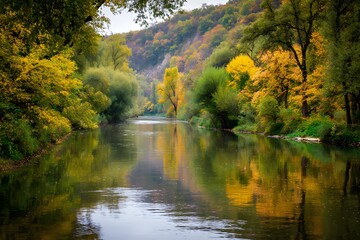 Autumn river landscape with colorful trees