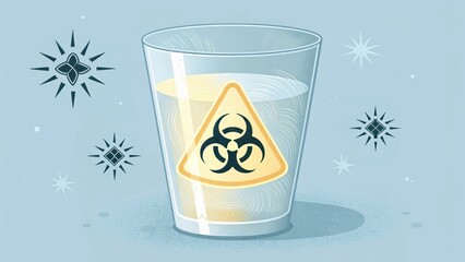 Glass of liquid with a biohazard symbol, indicating danger. forever chemicals concept
