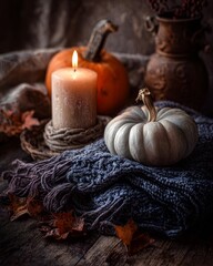 Autumn still life with candle, pumpkin, and scarf