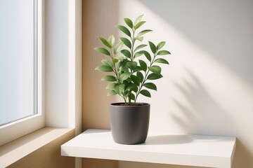 Minimalist plant mockup with green leaves in dark pot on white shelf near window, casting soft natural shadows on clean bright wall background. Ai generative