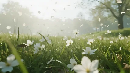 Foto auf Acrylglas Pflegezentrum White flowers blooming in a sunlit meadow with petals gently falling  © meng