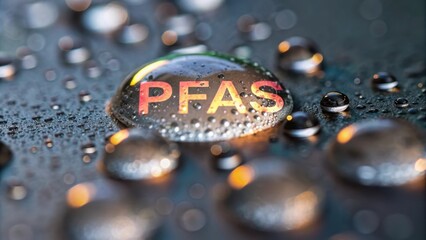 Droplet reflecting PFAS text on a textured surface with water beads. forever chemicals concept