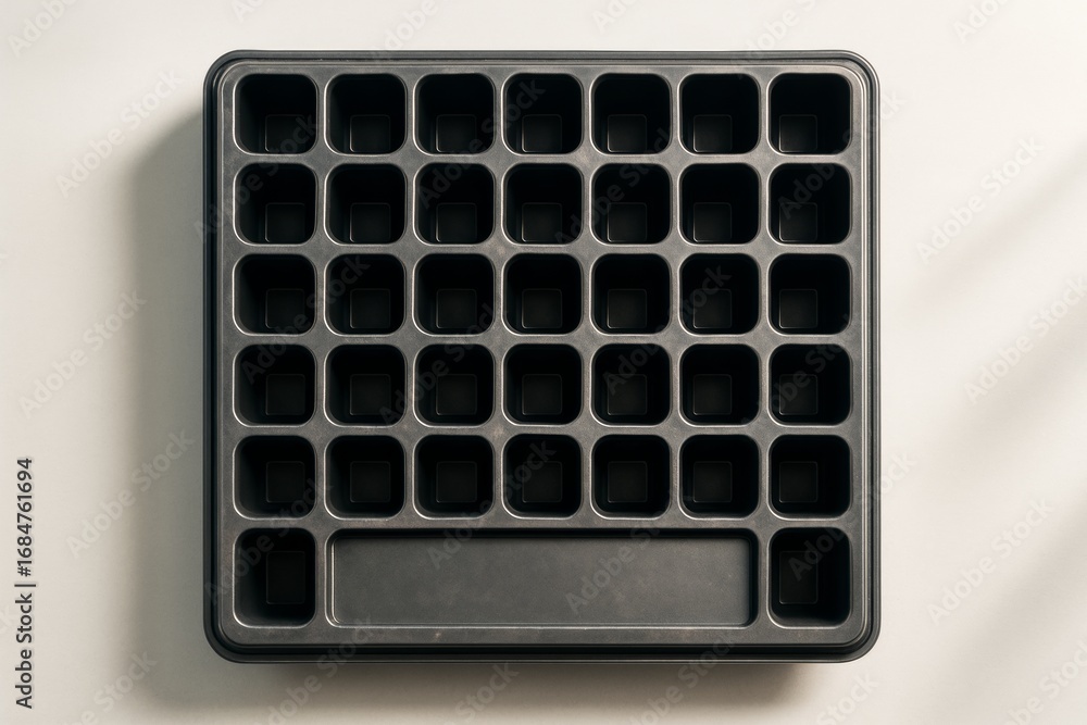 Poster empty black plastic tray with multiple square compartments and one large rectangular slot on clean l