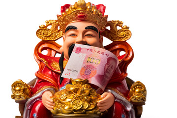 A 100-yuan banknote and a traditional Taoist God of Wealth Tua Peng Kong figurine