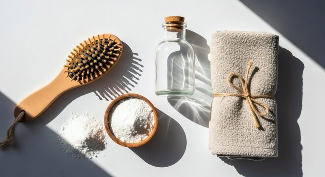 Natural wooden hairbrush mirror towel and bottle on a white surface with shadows - Powered by Adobe