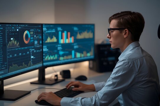 Data analyst monitoring automated machine learning pipeline processing real time business intelligence with multiple monitors.
