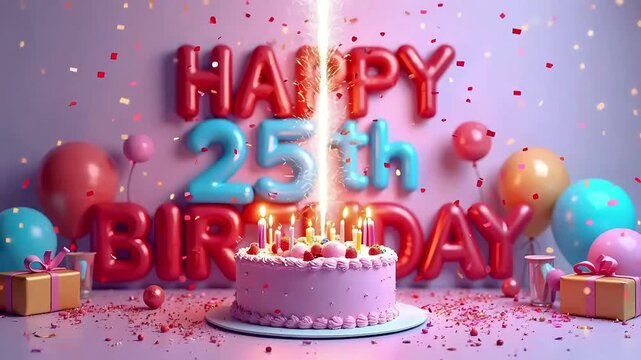 Pink frosted cake with HAPPY 25th BIRTHDAY balloon text, confetti burst and spark beam on festive dark backdrop  
