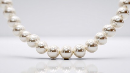 Fototapeta premium A lustrous pearl necklace gracefully curves, its creamy-white orbs reflecting light on a minimalist white surface, creating a refined and elegant image