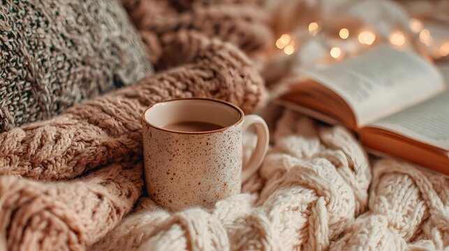 Cozy holiday morning with warm drink and blanket