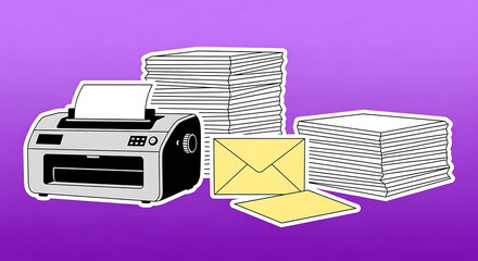Office equipment illustration featuring a printer, paper stacks, and envelopes on a vibrant
