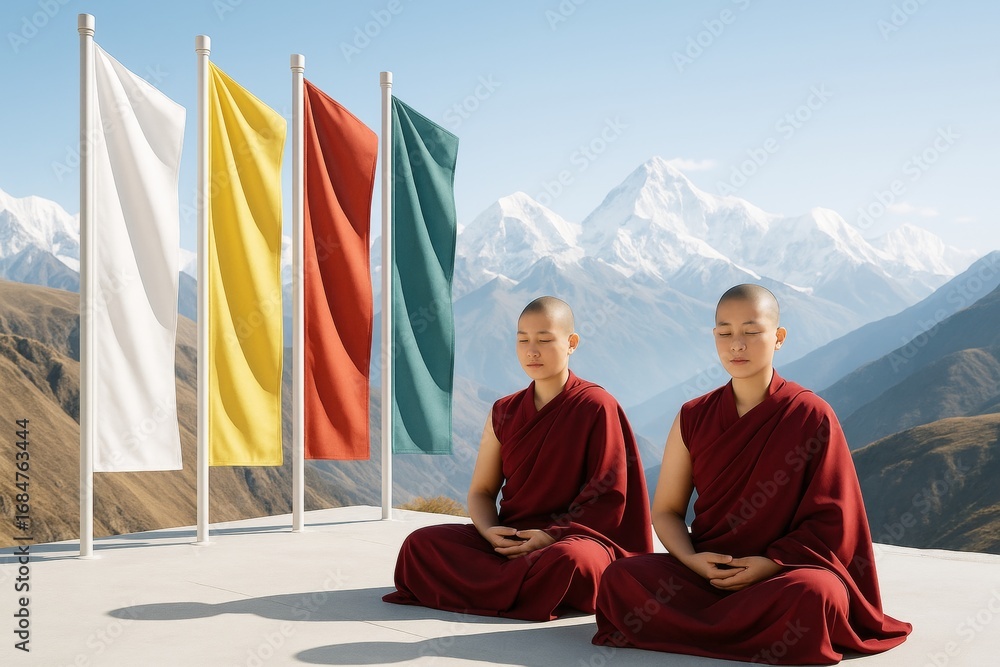 Aufkleber two monks meditating peacefully in front of colorful vertical flags with snow-covered mountains in t