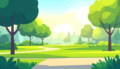 Cartoon illustration of a sunny day in a green park with trees and pathways