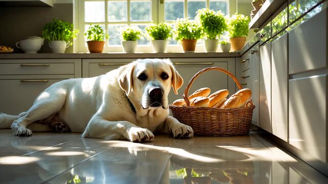Labrador Dog Lying on Kitchen Floor Next to Basket of Bread with Sunlit Herb Plants on Windowsill