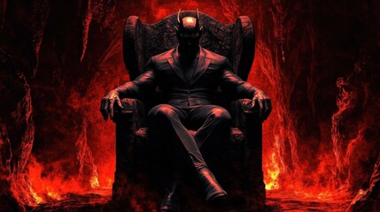 Demonic Figure on Stone Throne in Dark Cave Surrounded by satan hell