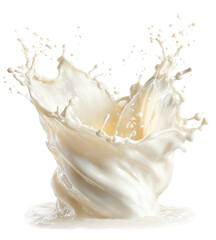A creamy milk splash erupts in a dynamic swirl against a black background.  A milk puddle rests below the explosion