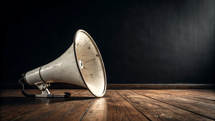 Vintage megaphone on a wooden stage with dramatic spotlight and dark background
