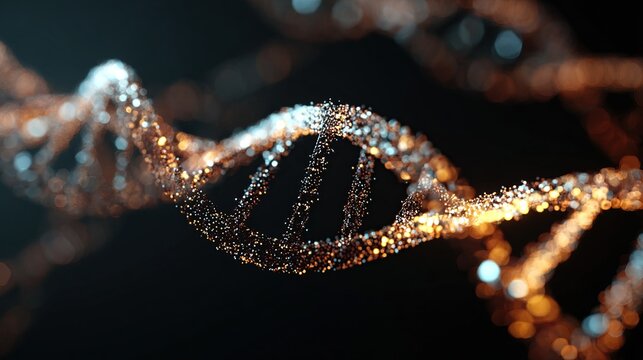 A 3D rendering of a DNA double helix, composed of shimmering, golden particles against a dark background, with bokeh effects suggesting depth and luminosity - Powered by Adobe