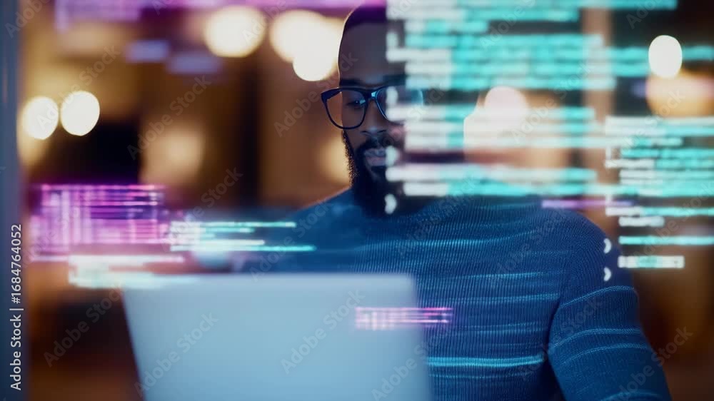 Poster focused man programming on laptop. developer coding script with data overlay. cybersecurity, digital