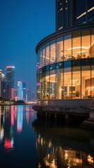 Naklejka premium Modern Glass Building Reflecting in Water at Night