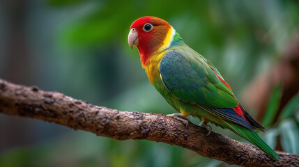 Colorful lovebird with red head, yellow neck, and green wings perched on tree branch in lush natural habitat

