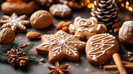 Gingerbread cookies with nuts dates and spices colorful
