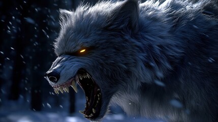 Intense close-up of roaring wolf with dark fur and yellow werewolf during full moon