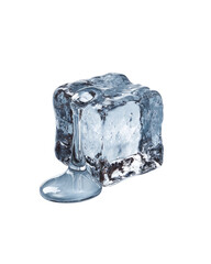 A single, square ice cube with a puddle of melting water below.  The ice cube is translucent, showing a slightly textured interior